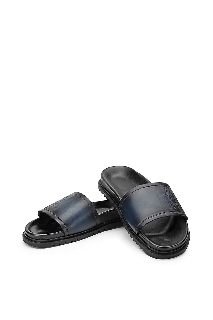 Black & Blue Leather Slippers by SHUTIQ at Pernia's Pop Up Shop