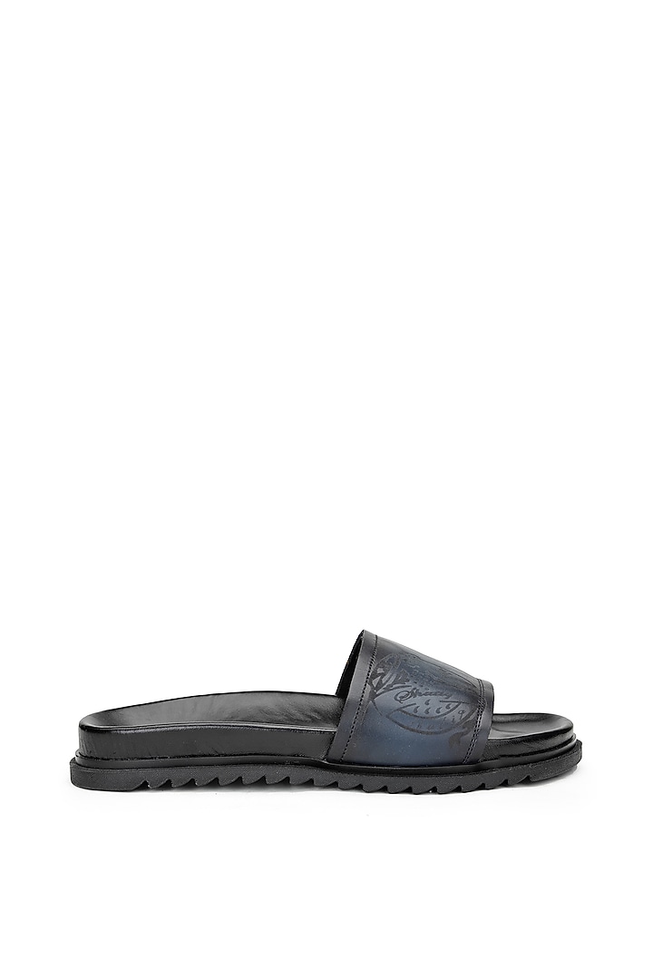 Black & Blue Leather Slippers by SHUTIQ at Pernia's Pop Up Shop