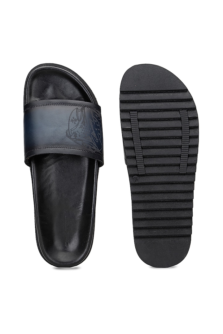 Black & Blue Leather Slippers by SHUTIQ at Pernia's Pop Up Shop