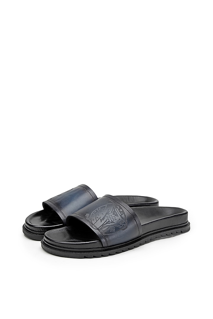 Black & Blue Leather Slippers by SHUTIQ at Pernia's Pop Up Shop