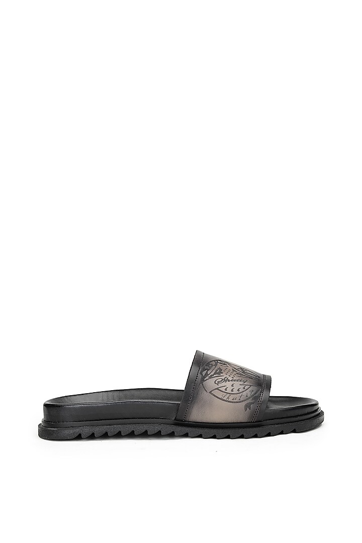 Black & Grey Leather Slippers by SHUTIQ at Pernia's Pop Up Shop