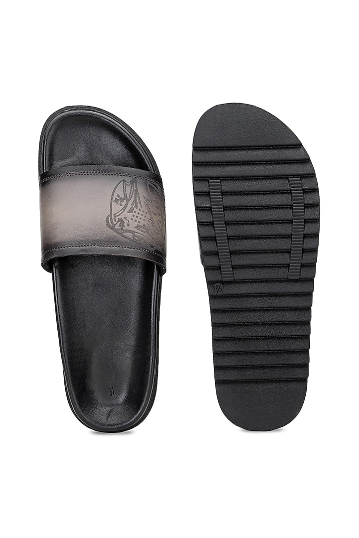 Black & Grey Leather Slippers by SHUTIQ at Pernia's Pop Up Shop