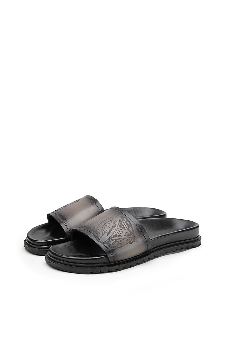 Black & Grey Leather Slippers by SHUTIQ at Pernia's Pop Up Shop