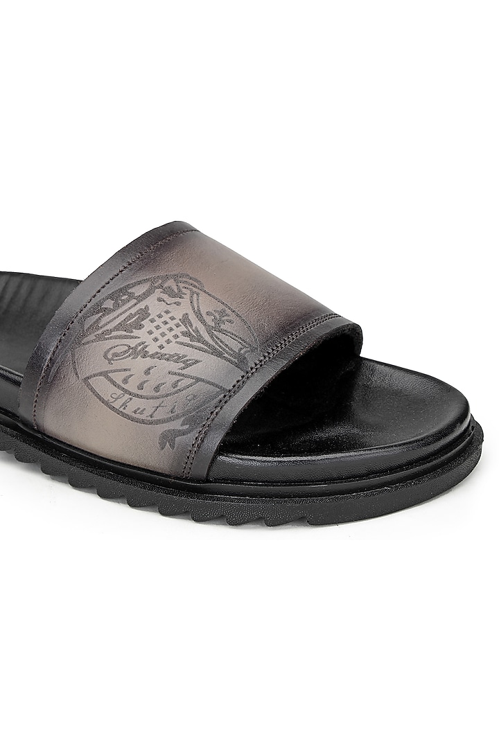 Black & Grey Leather Slippers by SHUTIQ at Pernia's Pop Up Shop