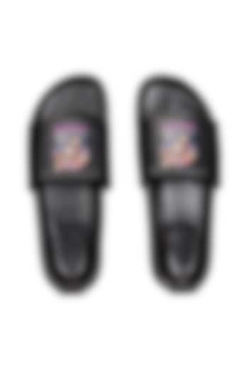 Black Leather Digital Printed Slippers by SHUTIQ