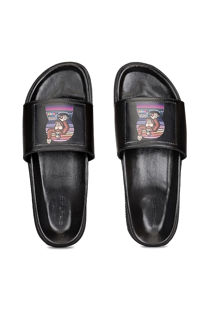 Black Leather Digital Printed Slippers by SHUTIQ