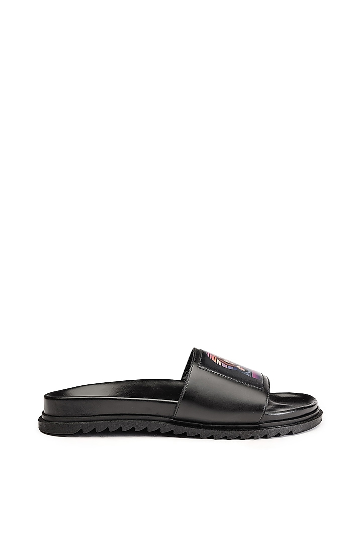 Black Leather Digital Printed Slippers by SHUTIQ at Pernia's Pop Up Shop