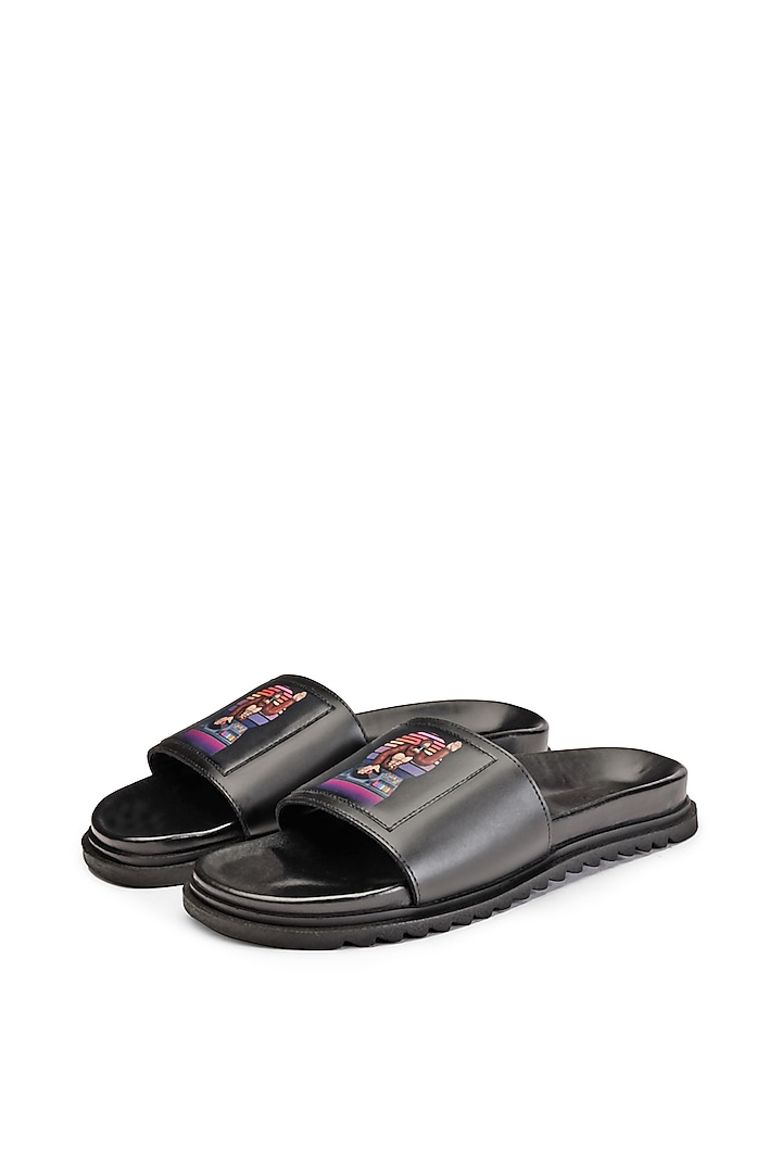 Black Leather Digital Printed Slippers by SHUTIQ at Pernia's Pop Up Shop