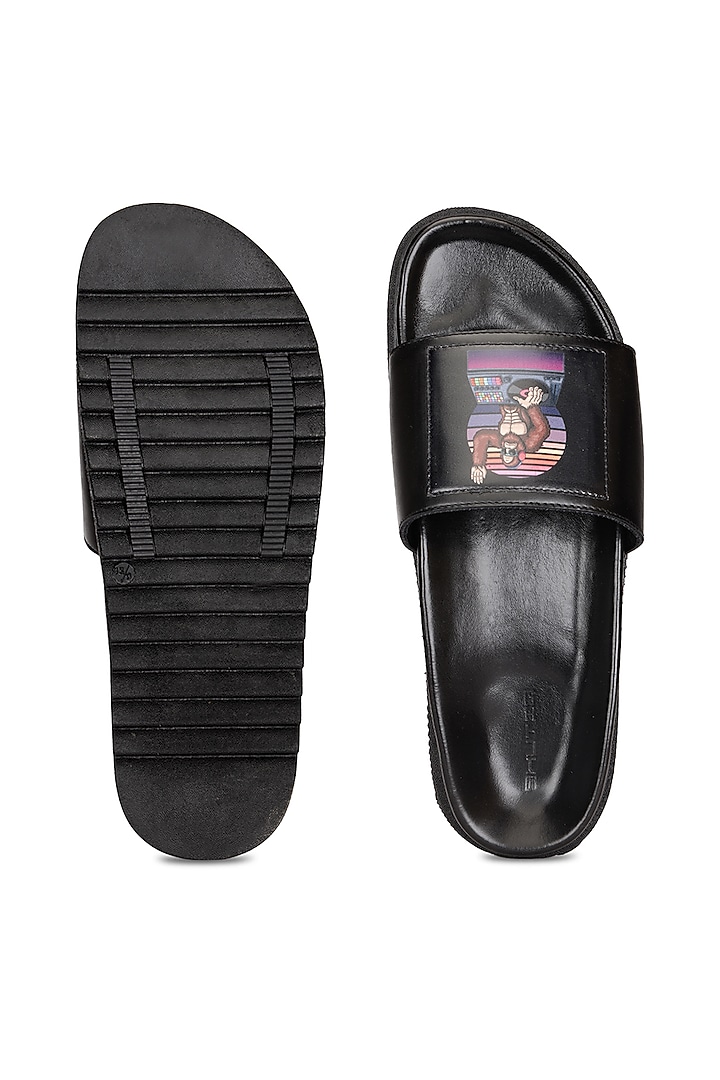 Black Leather Digital Printed Slippers by SHUTIQ at Pernia's Pop Up Shop
