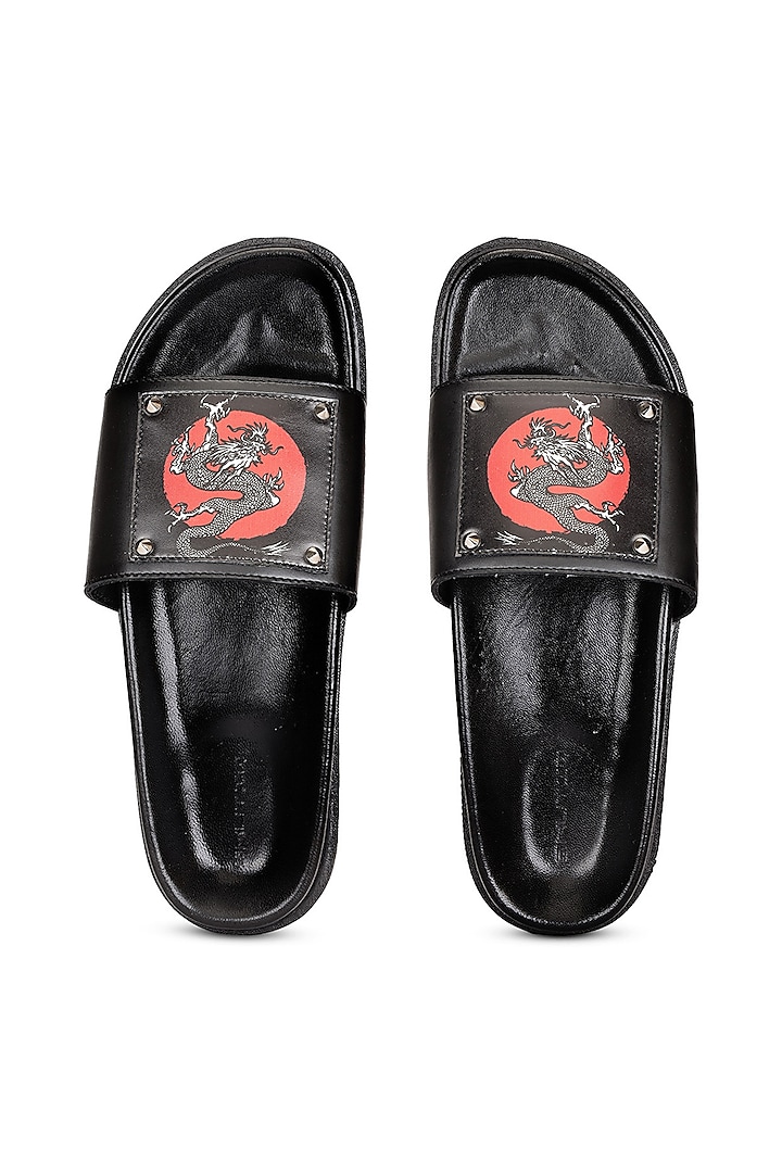 Black Leather Digital Printed Slippers by SHUTIQ