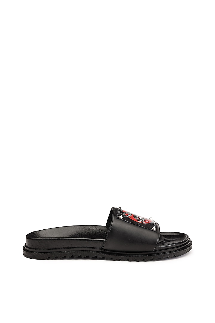 Black Leather Digital Printed Slippers by SHUTIQ at Pernia's Pop Up Shop