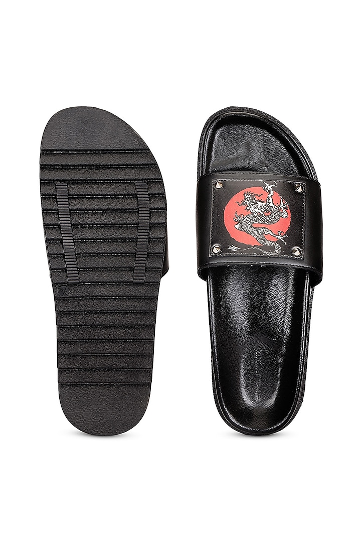 Black Leather Digital Printed Slippers by SHUTIQ at Pernia's Pop Up Shop