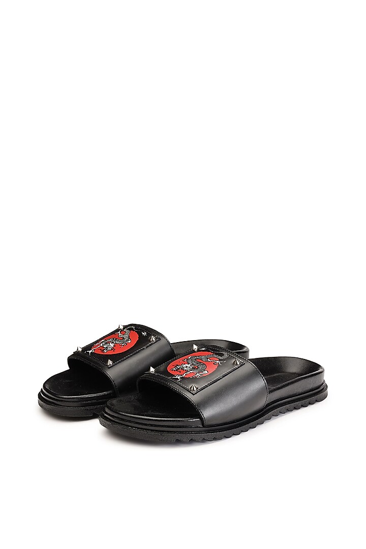 Black Leather Digital Printed Slippers by SHUTIQ at Pernia's Pop Up Shop