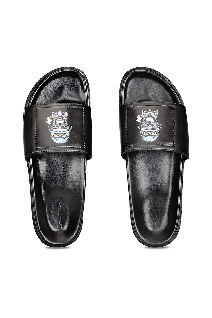 Black Leather Digital Printed Slippers by SHUTIQ