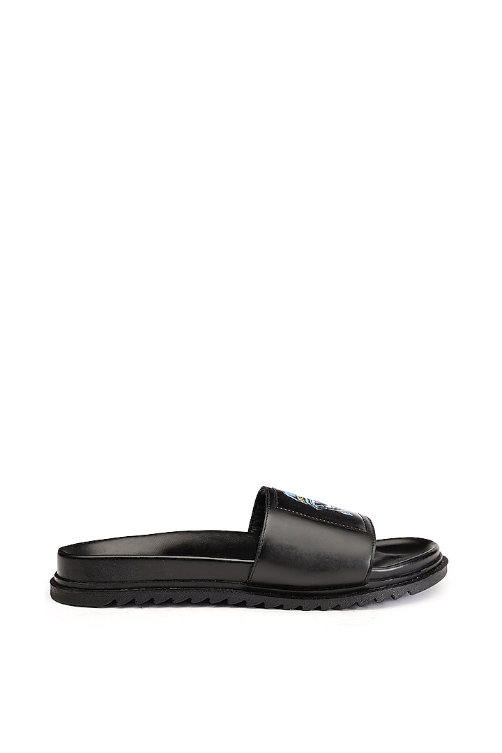 Black Leather Digital Printed Slippers by SHUTIQ at Pernia's Pop Up Shop