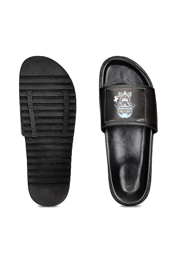 Black Leather Digital Printed Slippers by SHUTIQ at Pernia's Pop Up Shop