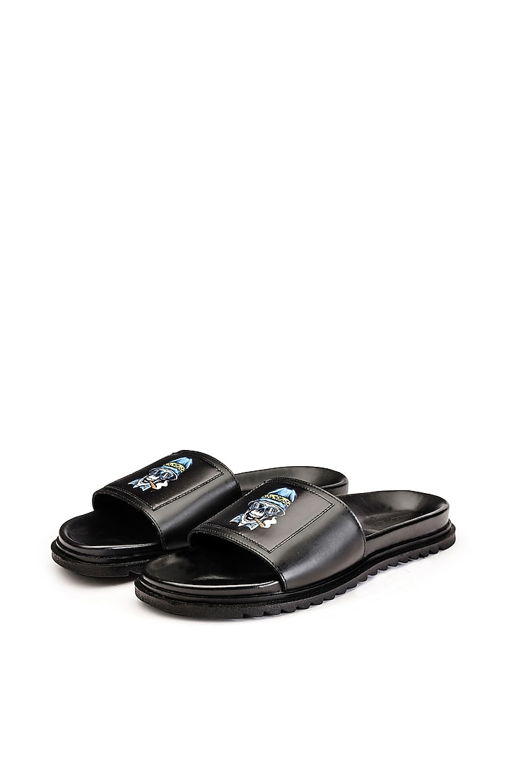 Black Leather Digital Printed Slippers by SHUTIQ at Pernia's Pop Up Shop