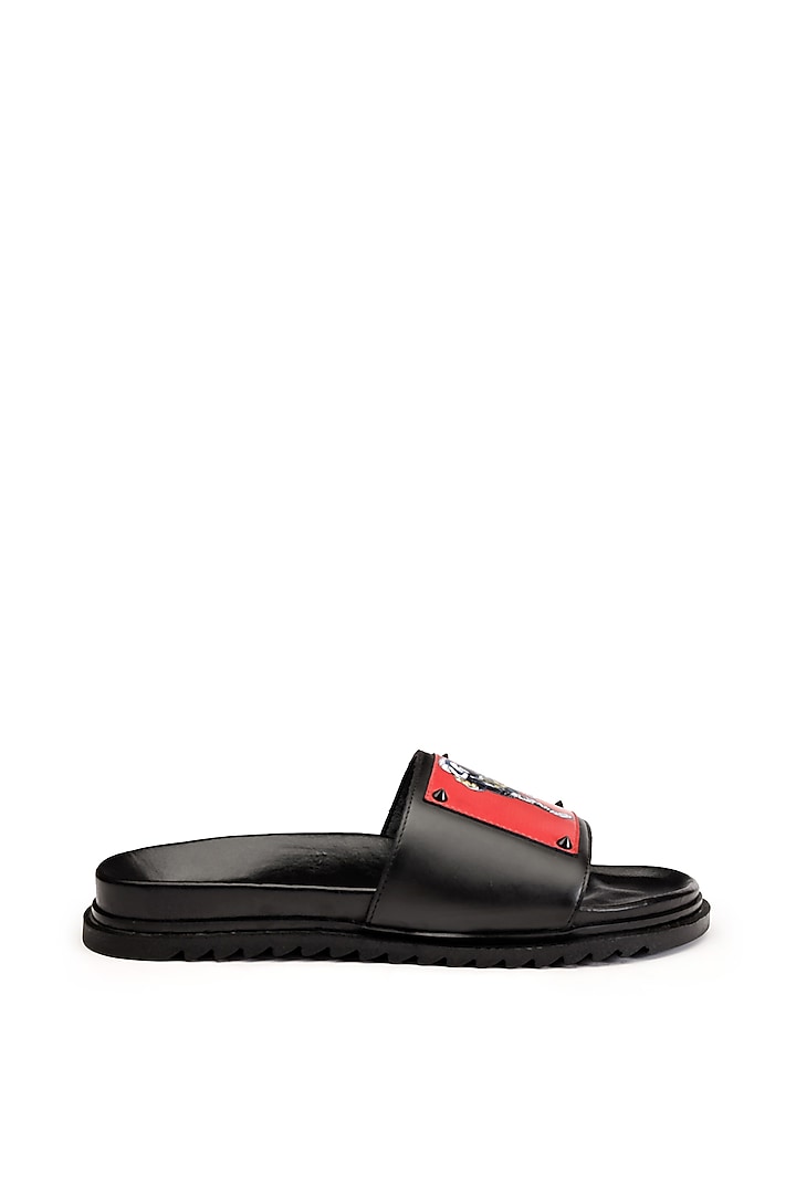 Black Leather Digital Printed Slippers by SHUTIQ at Pernia's Pop Up Shop