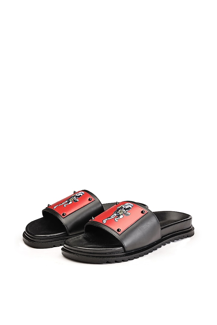 Black Leather Digital Printed Slippers by SHUTIQ at Pernia's Pop Up Shop