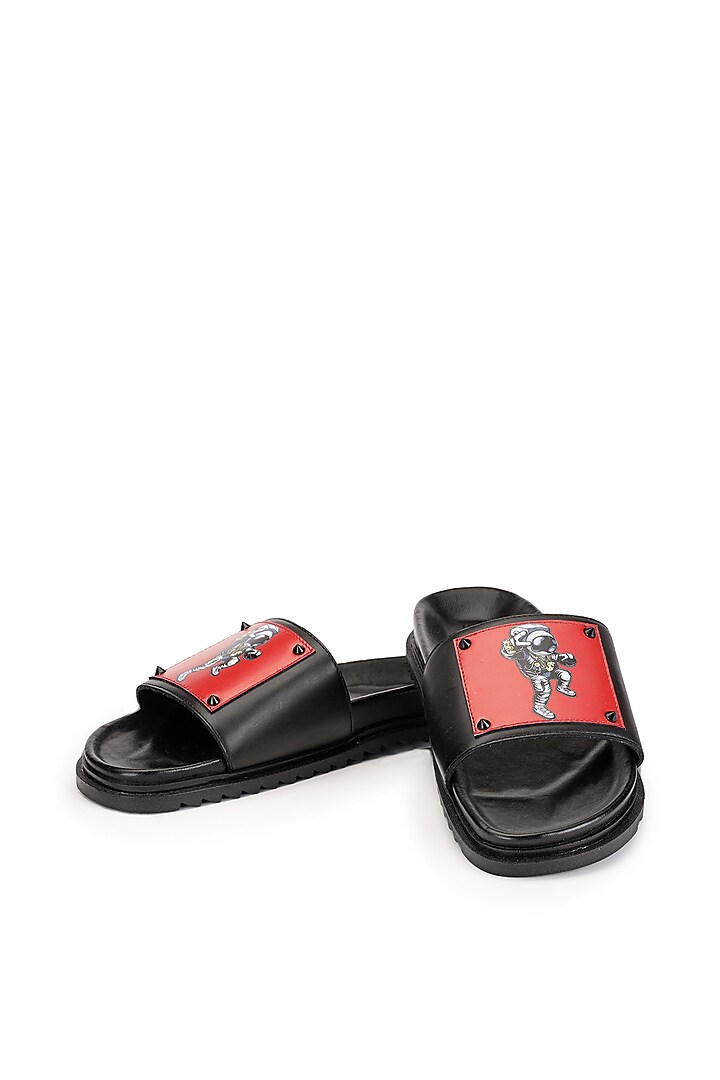 Black Leather Digital Printed Slippers by SHUTIQ at Pernia's Pop Up Shop