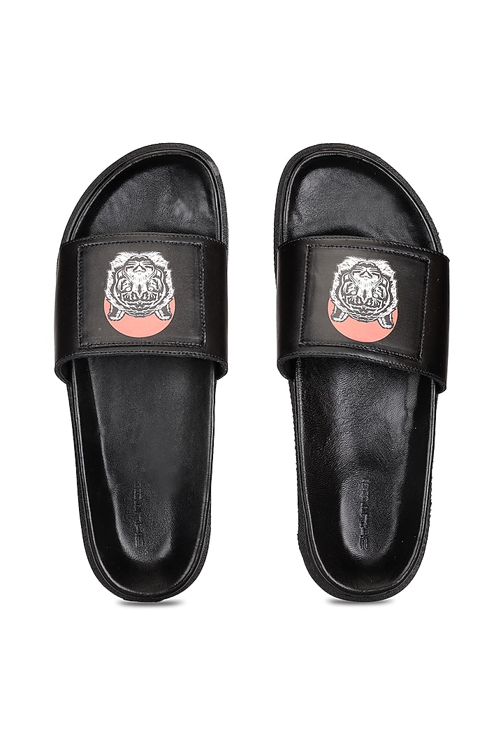 Black Leather Digital Printed Slippers by SHUTIQ