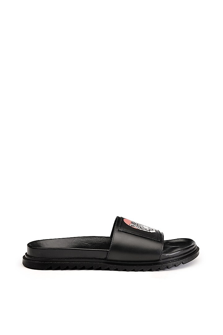 Black Leather Digital Printed Slippers by SHUTIQ at Pernia's Pop Up Shop