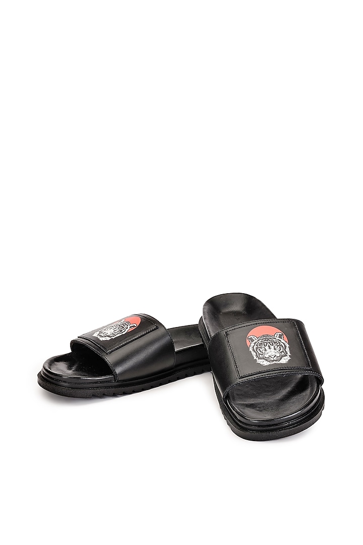 Black Leather Digital Printed Slippers by SHUTIQ at Pernia's Pop Up Shop