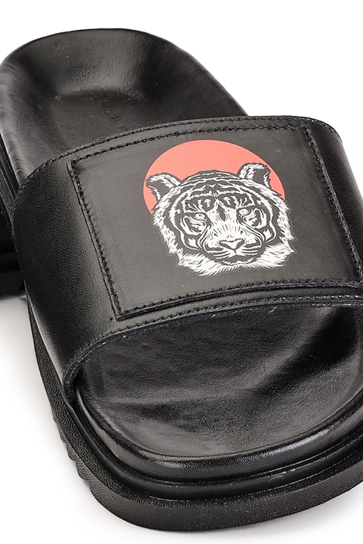 Black Leather Digital Printed Slippers by SHUTIQ at Pernia's Pop Up Shop