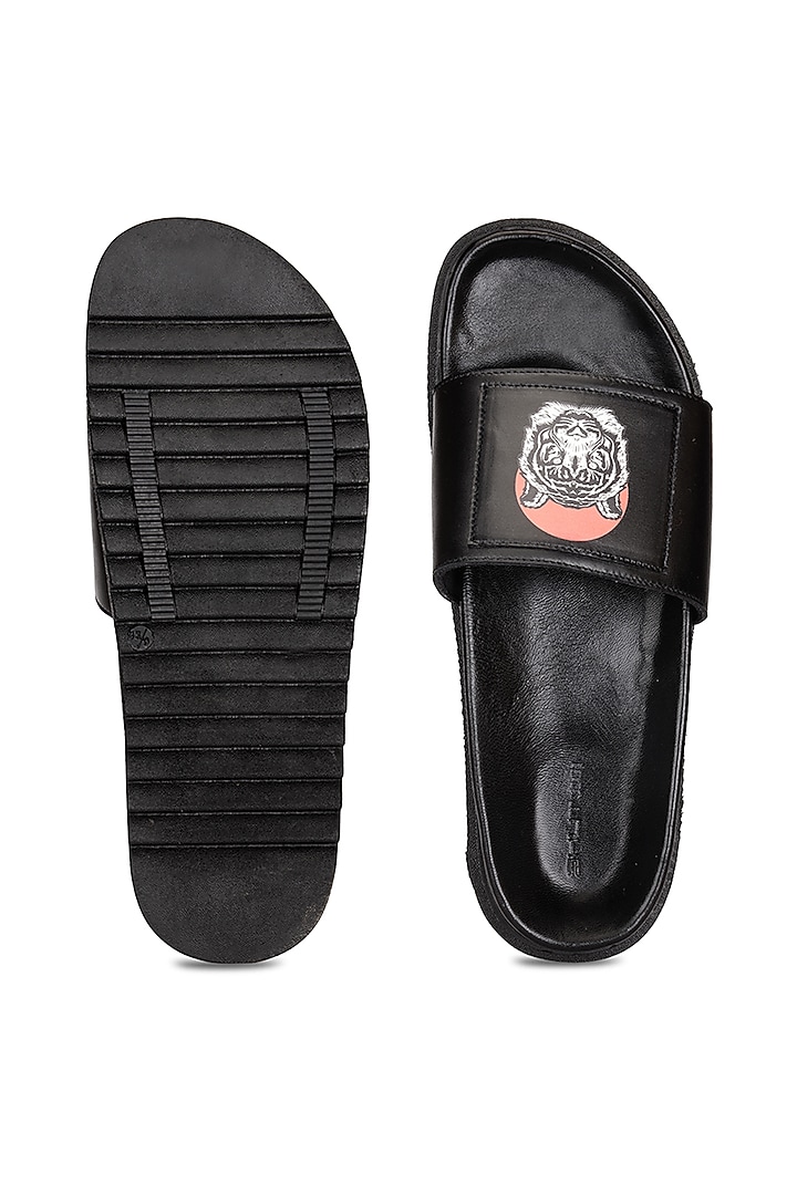 Black Leather Digital Printed Slippers by SHUTIQ at Pernia's Pop Up Shop