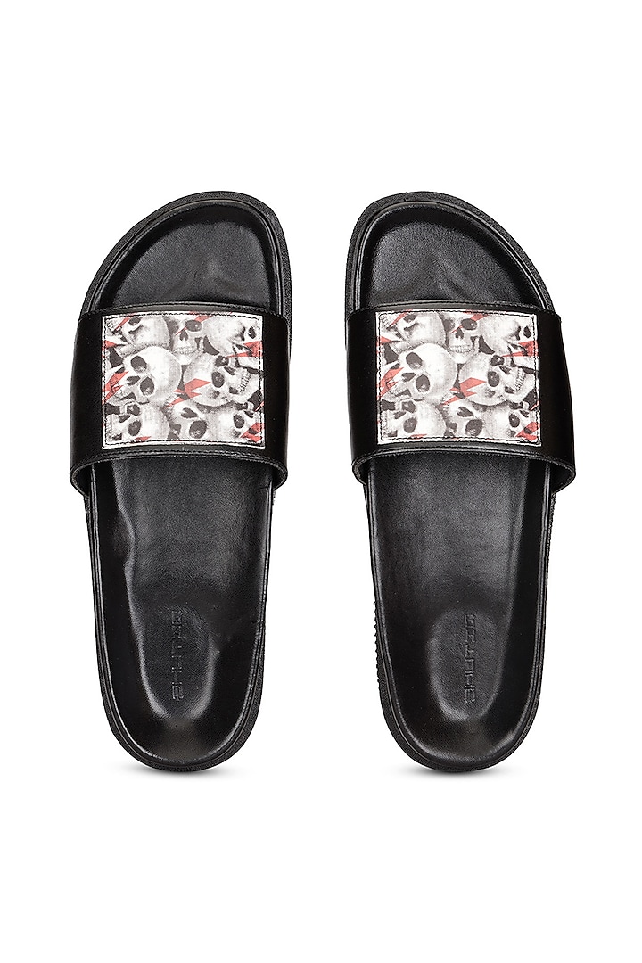 Black Leather Digital Printed Slippers by SHUTIQ at Pernia's Pop Up Shop