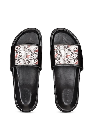 Black Leather Digital Printed Slippers by SHUTIQ