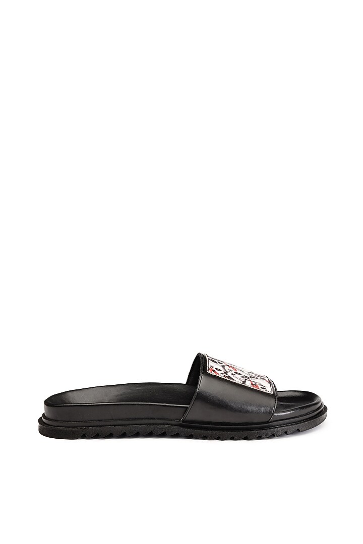 Black Leather Digital Printed Slippers by SHUTIQ at Pernia's Pop Up Shop