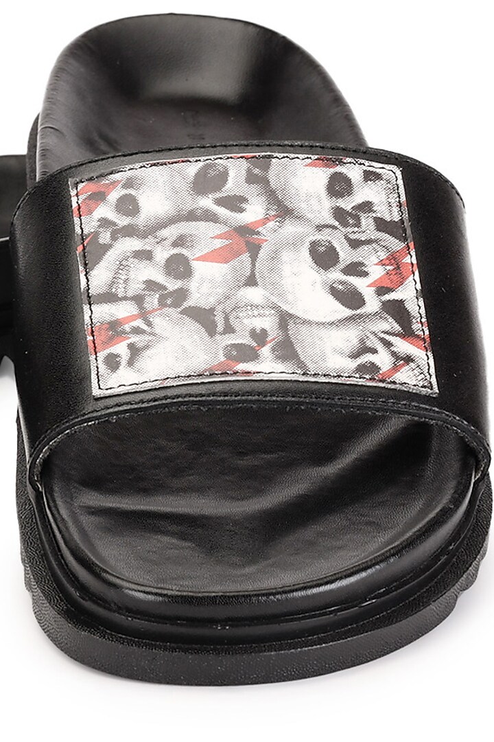 Black Leather Digital Printed Slippers by SHUTIQ at Pernia's Pop Up Shop
