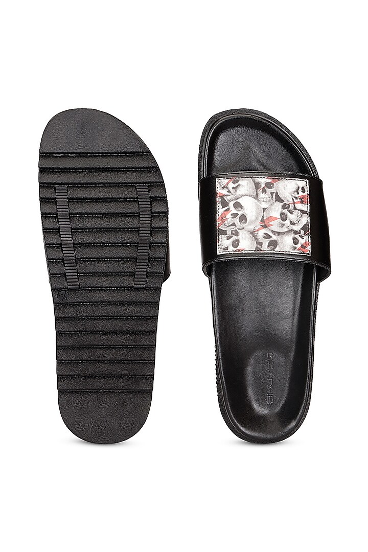 Black Leather Digital Printed Slippers by SHUTIQ at Pernia's Pop Up Shop