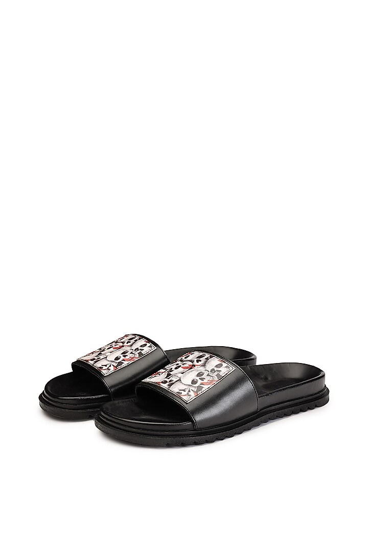 Black Leather Digital Printed Slippers by SHUTIQ at Pernia's Pop Up Shop