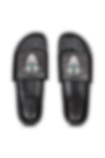 Black Leather Digital Printed Slippers by SHUTIQ