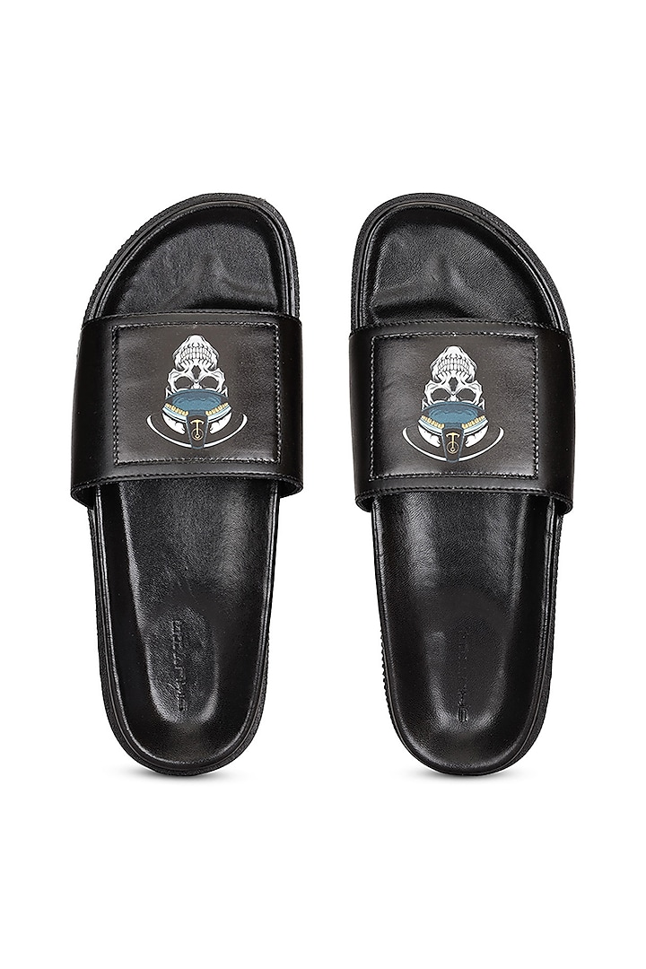 Black Leather Digital Printed Slippers by SHUTIQ