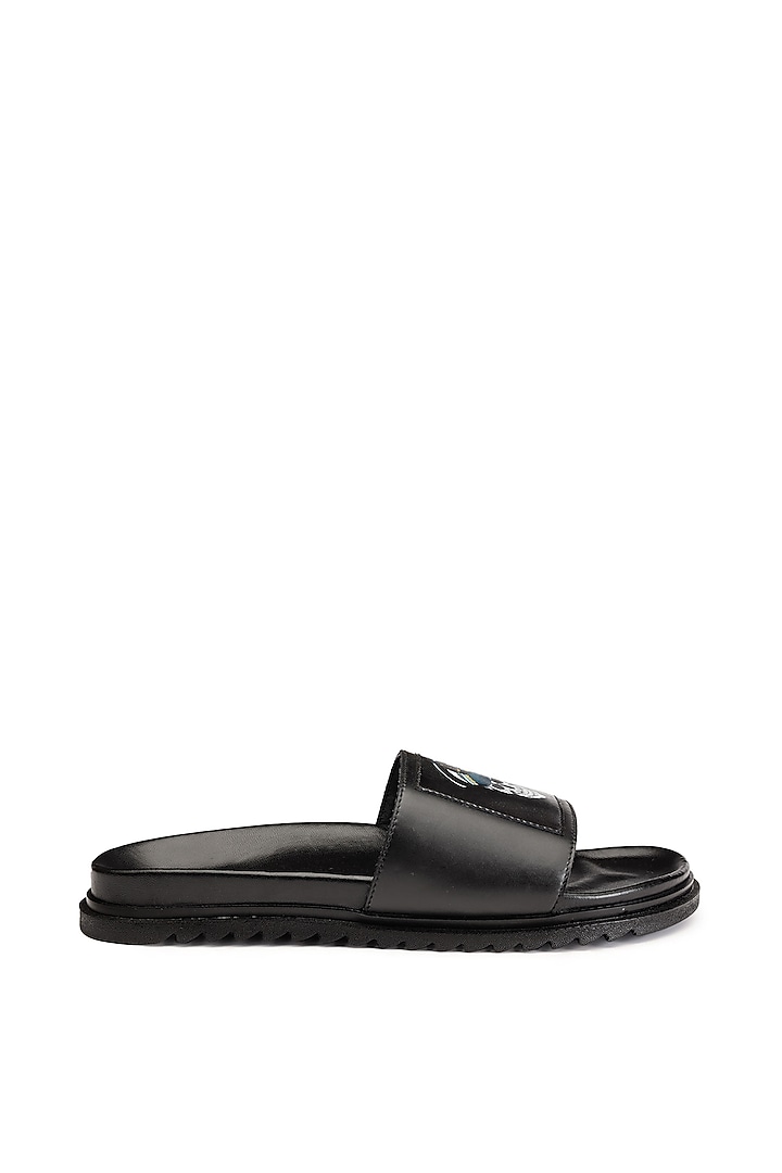 Black Leather Digital Printed Slippers by SHUTIQ at Pernia's Pop Up Shop