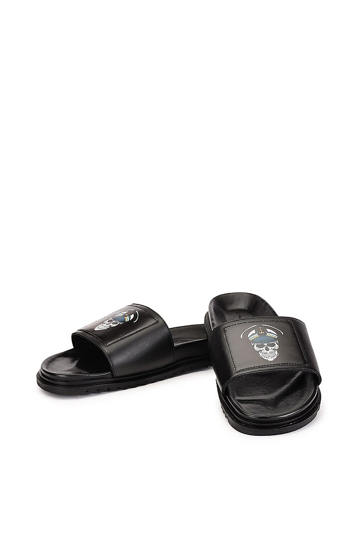 Black Leather Digital Printed Slippers by SHUTIQ at Pernia's Pop Up Shop