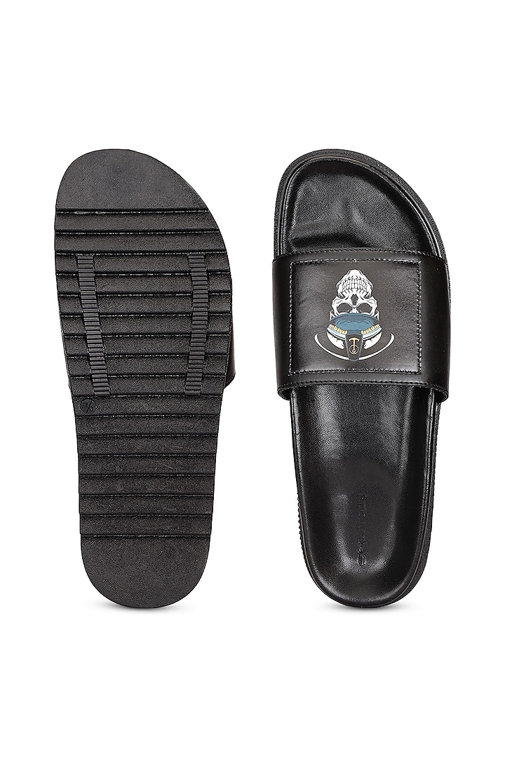 Black Leather Digital Printed Slippers by SHUTIQ at Pernia's Pop Up Shop