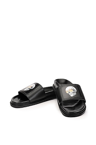 Black Leather Digital Printed Slippers by SHUTIQ