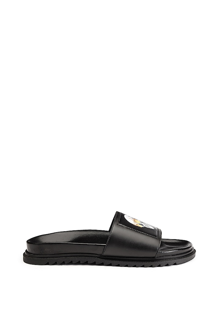 Black Leather Digital Printed Slippers by SHUTIQ at Pernia's Pop Up Shop
