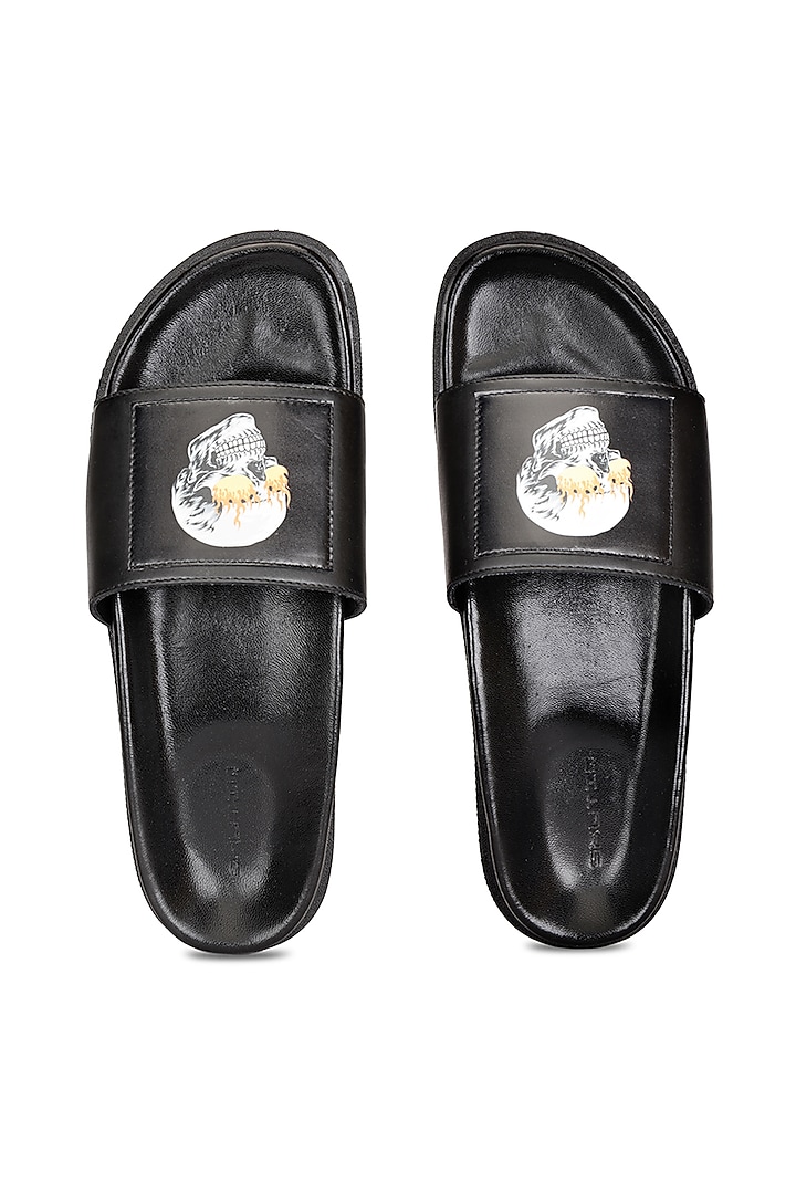 Black Leather Digital Printed Slippers by SHUTIQ at Pernia's Pop Up Shop