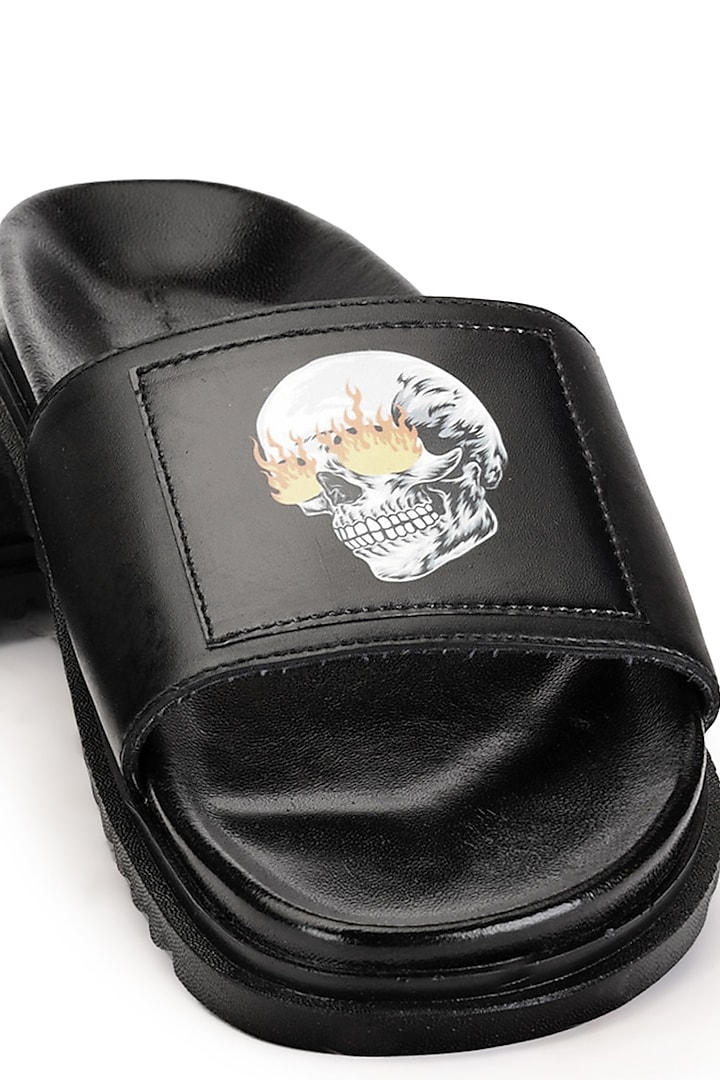 Black Leather Digital Printed Slippers by SHUTIQ at Pernia's Pop Up Shop
