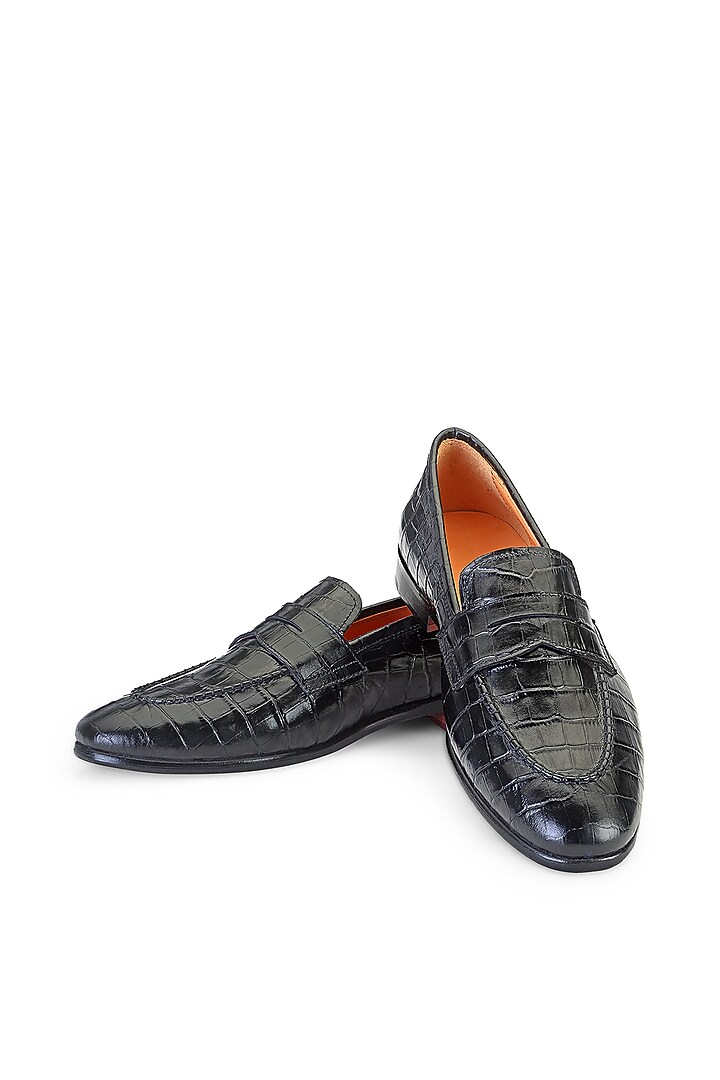 Black Croco Leather Embellished Slip-On Shoes by SHUTIQ at Pernia's Pop Up Shop