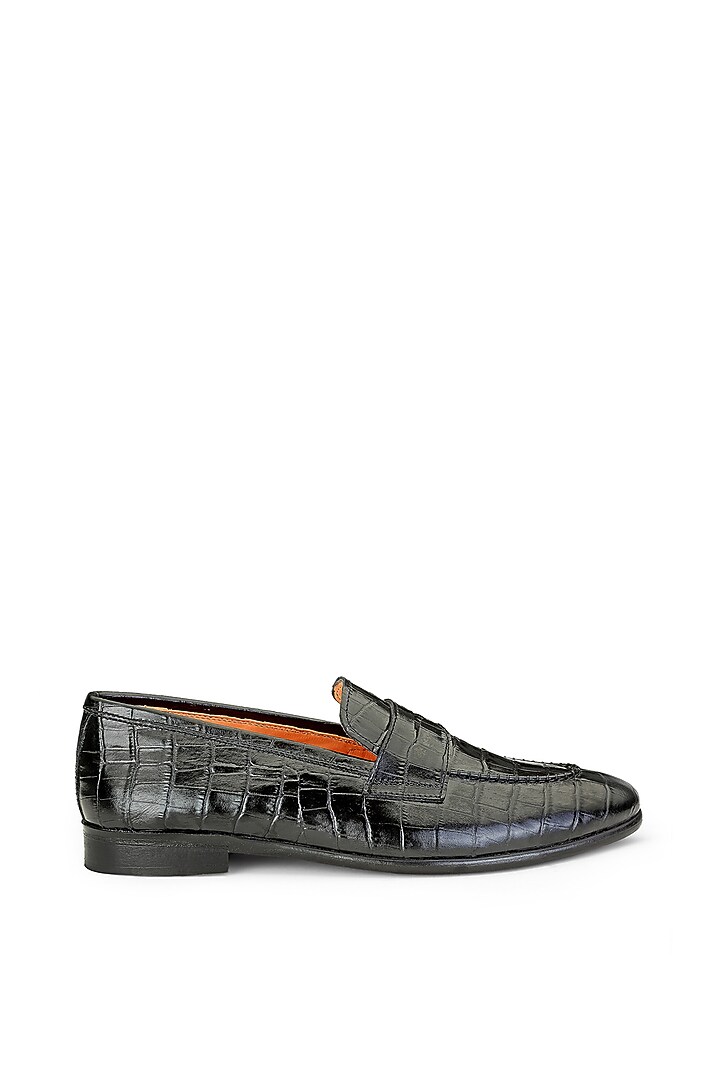Black Croco Leather Embellished Slip-On Shoes by SHUTIQ at Pernia's Pop Up Shop