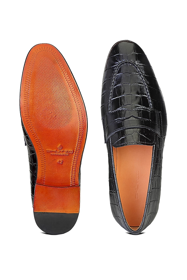 Black Croco Leather Embellished Slip-On Shoes by SHUTIQ at Pernia's Pop Up Shop