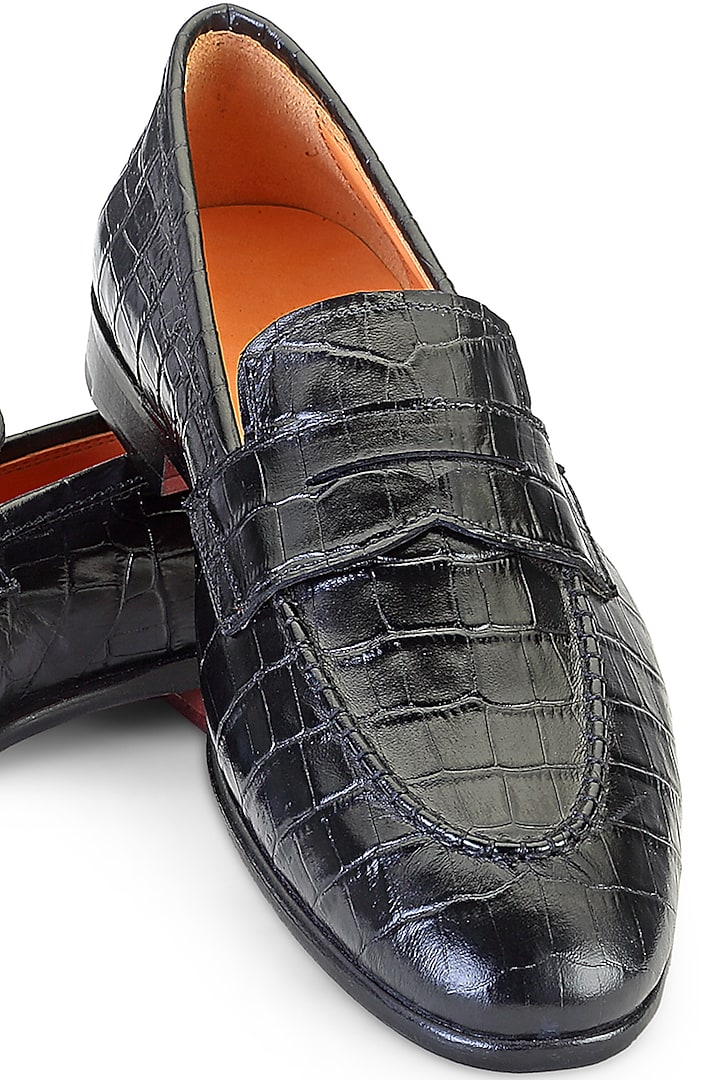Black Croco Leather Embellished Slip-On Shoes by SHUTIQ at Pernia's Pop Up Shop