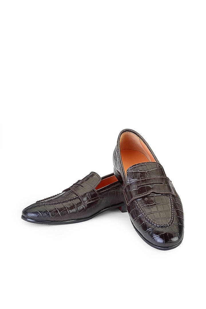 Brown Croco Leather Embellished Slip-On Shoes by SHUTIQ at Pernia's Pop Up Shop