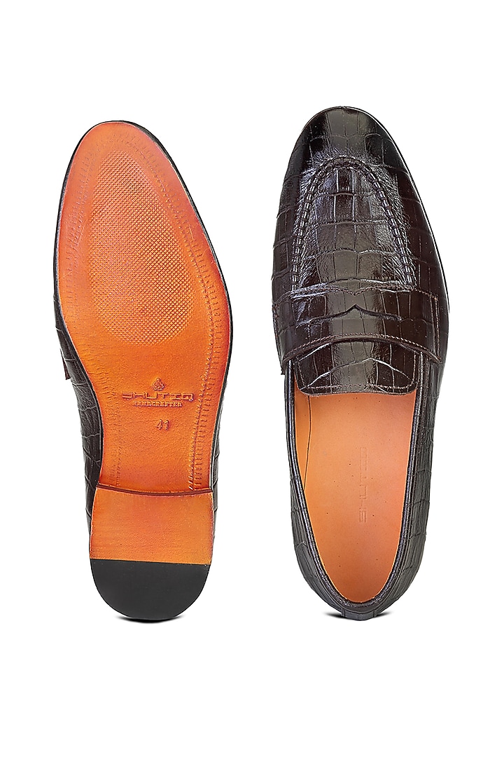 Brown Croco Leather Embellished Slip-On Shoes by SHUTIQ at Pernia's Pop Up Shop